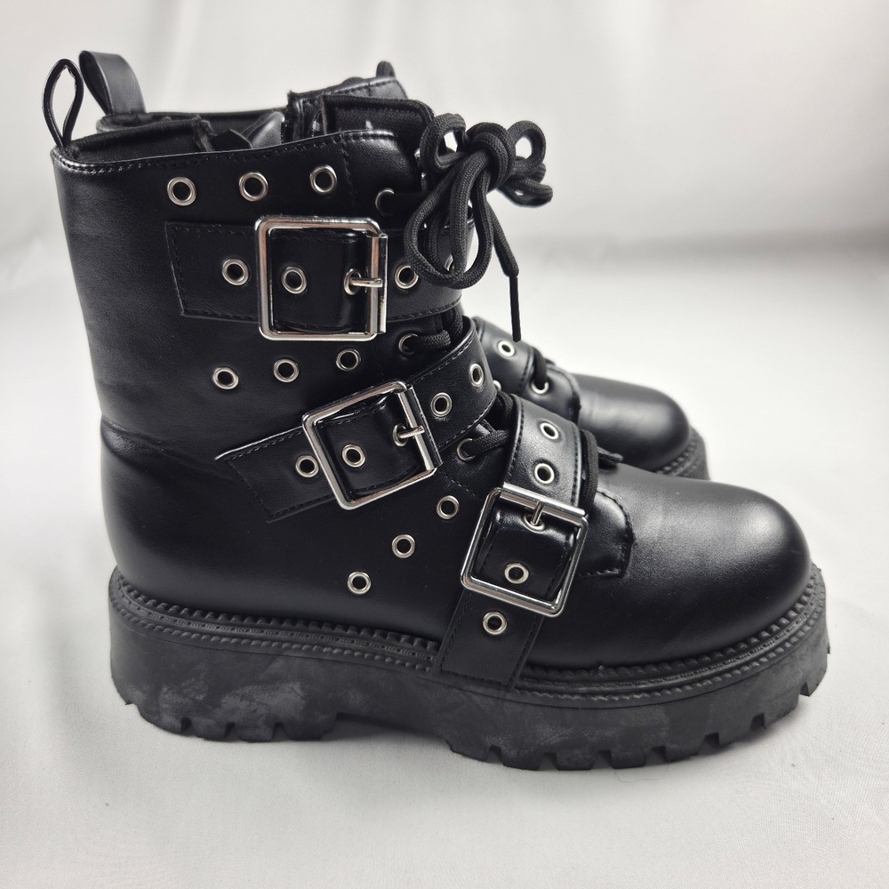 Bamboo Gothic Punk Boots Black Size US 7.5 Eur 37.5 3 Buckle Man-made Leather